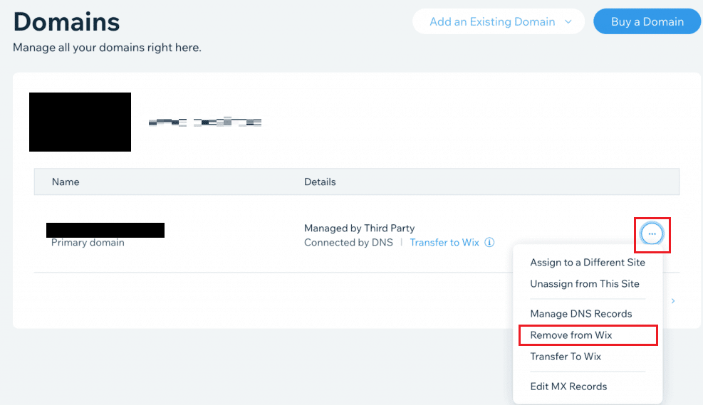 คลิกที่ไอคอนสามจุด - ลบออกจาก Wix | คุณลบบัญชี Wix ได้อย่างไร | ยกเลิกโดเมน Wix ของคุณ