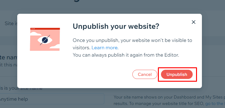 หากต้องการลบเว็บไซต์ Wix เก่าของคุณออกจาก Google ให้คลิกที่ตัวเลือกยกเลิกการเผยแพร่ในข้อความแจ้งเตือนป๊อปอัป