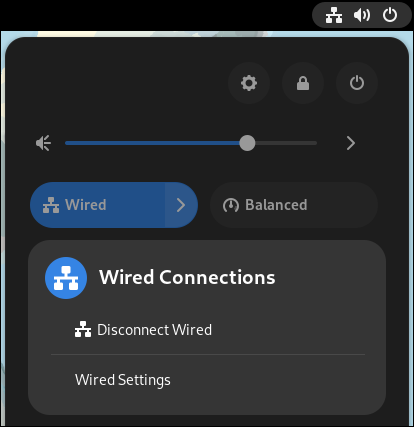 O menu Configurações rápidas com o painel de conexões com fio expandido