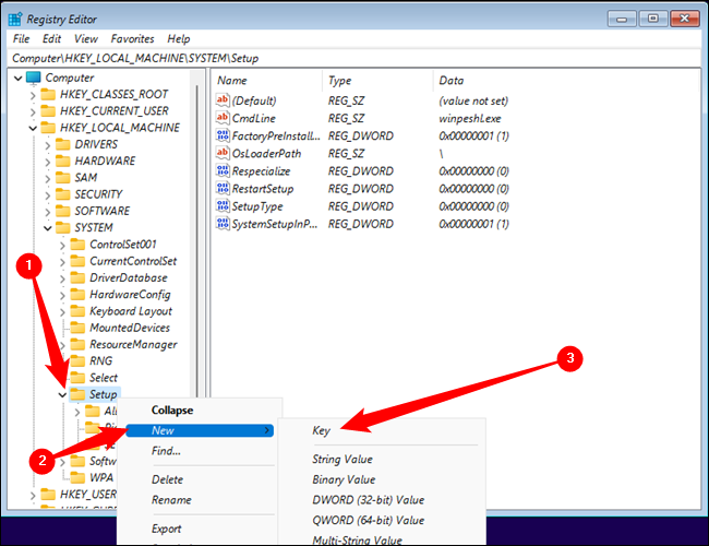 Regedit アプリケーション。セットアップ レジストリ キーに「LabConfig」という名前の新しいレジストリ キーを作成します。