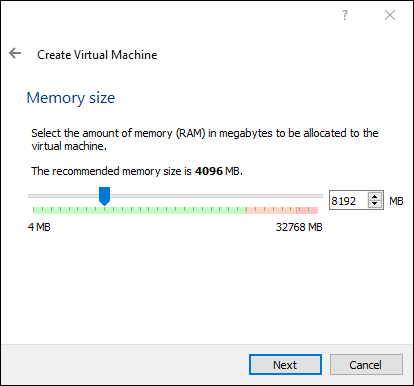 Defina o tamanho da memória para pelo menos quatro gigabytes, mas use oito se puder poupar a RAM.
