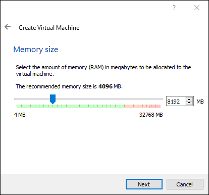 Stellen Sie die Speichergröße auf mindestens vier Gigabyte ein, verwenden Sie aber acht, wenn Sie den Arbeitsspeicher entbehren können.