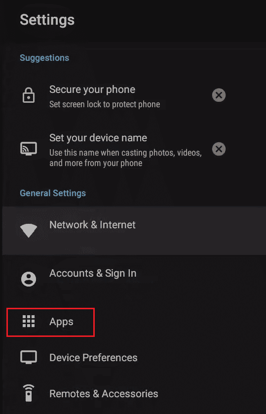 Seleccione la configuración de aplicaciones en Android TV. Solucionar el error 4 310 de Sling TV