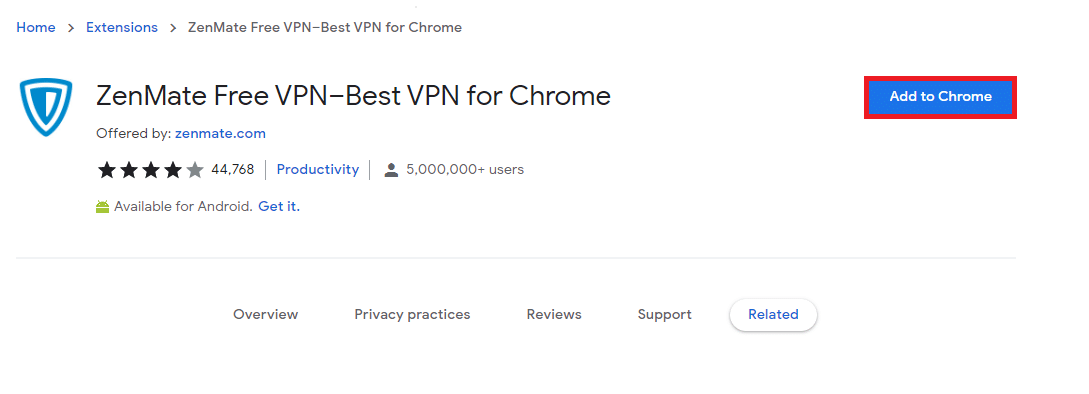 ZenMate Free VPN のダウンロード ページに移動し、[Chrome に追加] ボタンをクリックします。 Chrome でブロックされたサイトにアクセスする方法