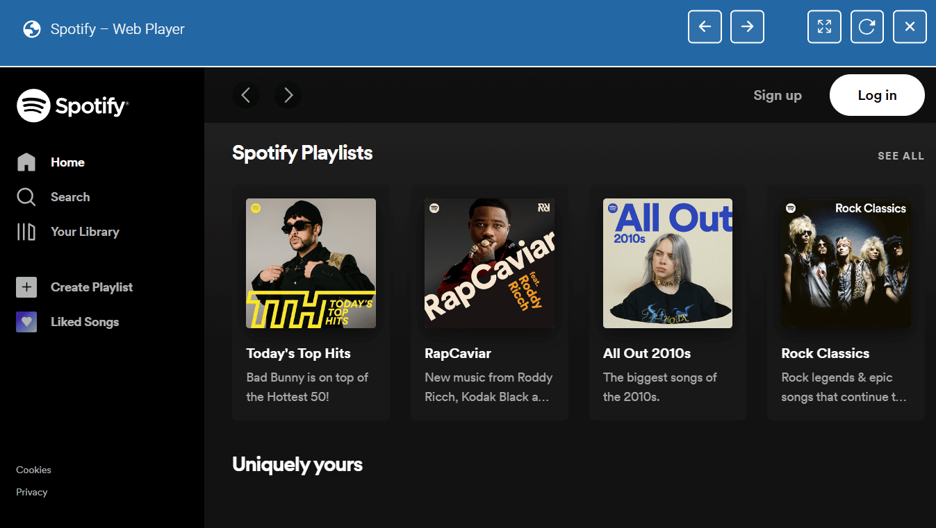 Tunggu beberapa saat hingga halaman Spotify Web Player dimuat | Aplikasi Musik Manakah yang Tidak Diblokir di Sekolah? | buka Spotify di Chromebook sekolah