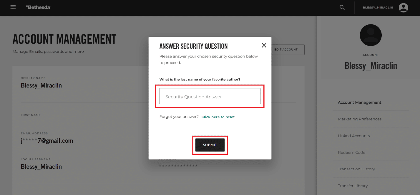 Responda à pergunta de segurança que você definiu durante o login e clique em ENVIAR