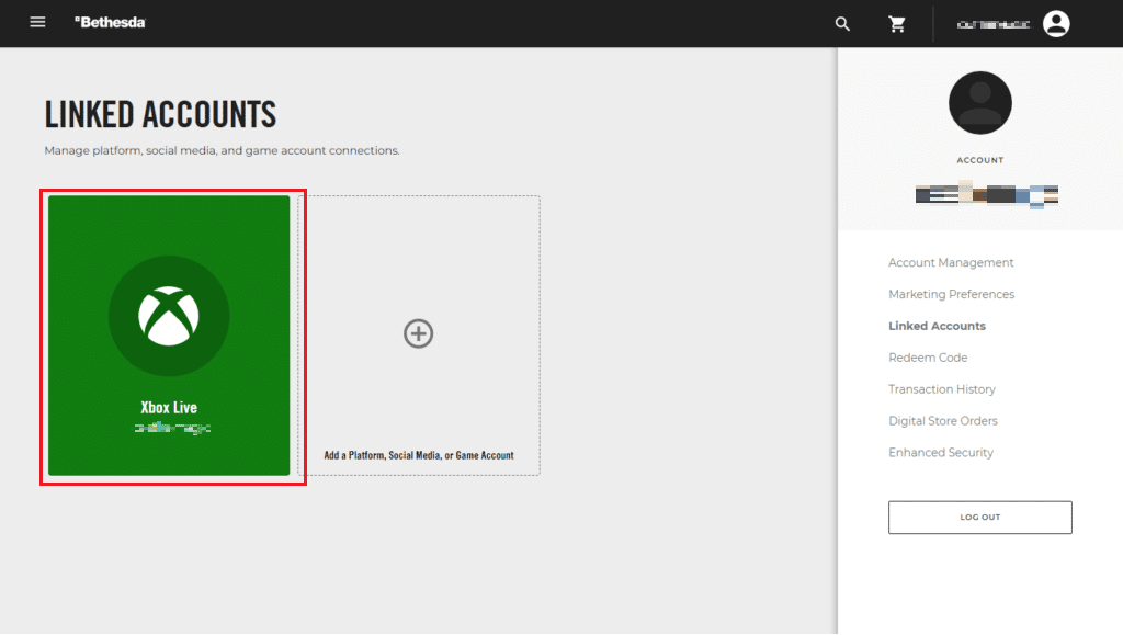 Xbox 탭이 표시되면 이 Bethesda 계정이 Xbox에 연결되었음을 의미합니다.