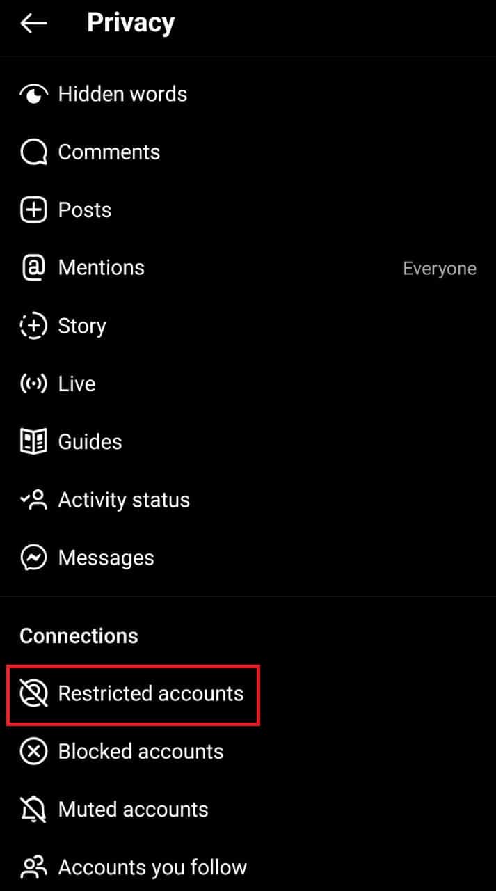 Desplácese hacia abajo y toque Cuenta restringida | ¿Puedes seguir a alguien en Instagram sin que lo sepa?