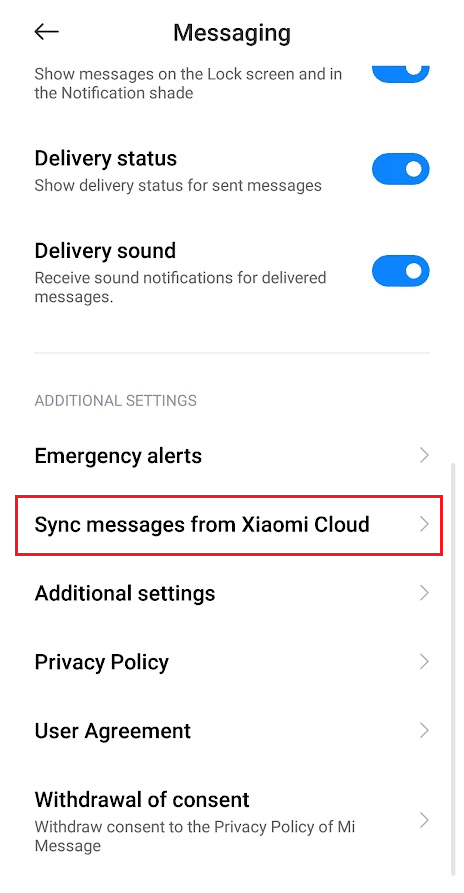 Balayez vers le bas et appuyez sur Synchroniser les messages de Xiaomi Cloud | voir les SMS de votre mari sur AT&T