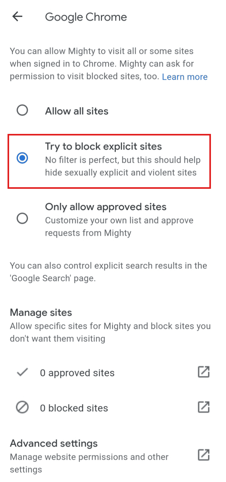 Appuyez sur l'option Essayer de bloquer les sites explicites.