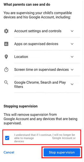 Glisați în jos și bifați caseta de selectare. Atingeți butonul Opriți supravegherea | | Cum să comutați e-mailul pentru controlul parental în Google