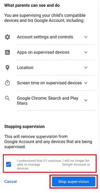 아래로 스와이프하여 확인란을 선택합니다. 감독 중지 버튼을 누릅니다 | | Google에서 자녀 보호를 위해 이메일을 전환하는 방법