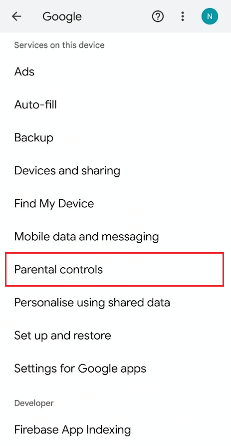 balayez vers le bas et appuyez sur Contrôles parentaux | Comment changer de messagerie pour le contrôle parental dans Google