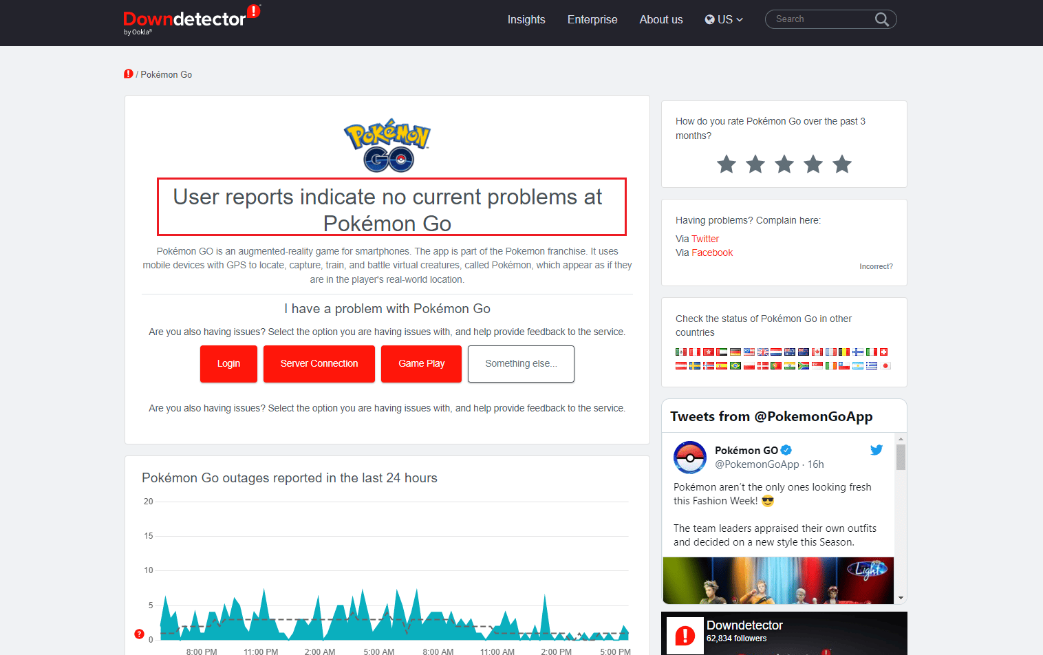 page de détection de pokemon go down