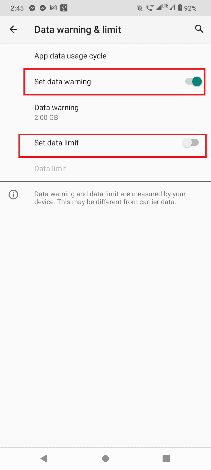 قم بإيقاف تشغيل التبديل لتعيين حد البيانات وضبط تحذير البيانات. إصلاح فشل Pokemon GO في مشكلة تسجيل الدخول