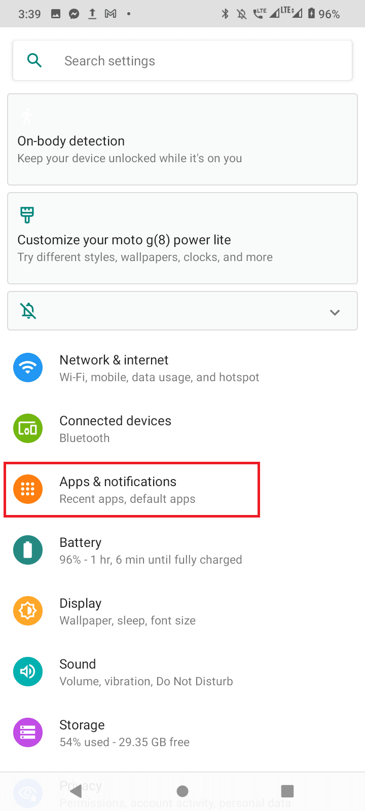 toque em aplicativos e notificações