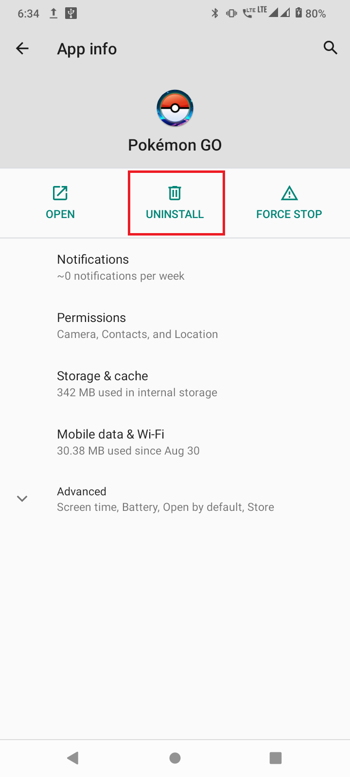 appuyez sur désinstaller. Correction de l'échec de la connexion à Pokemon GO