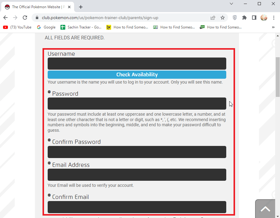 Insira os detalhes de Nome de usuário Senha E-mail. Corrigir o problema de falha de login do Pokemon GO