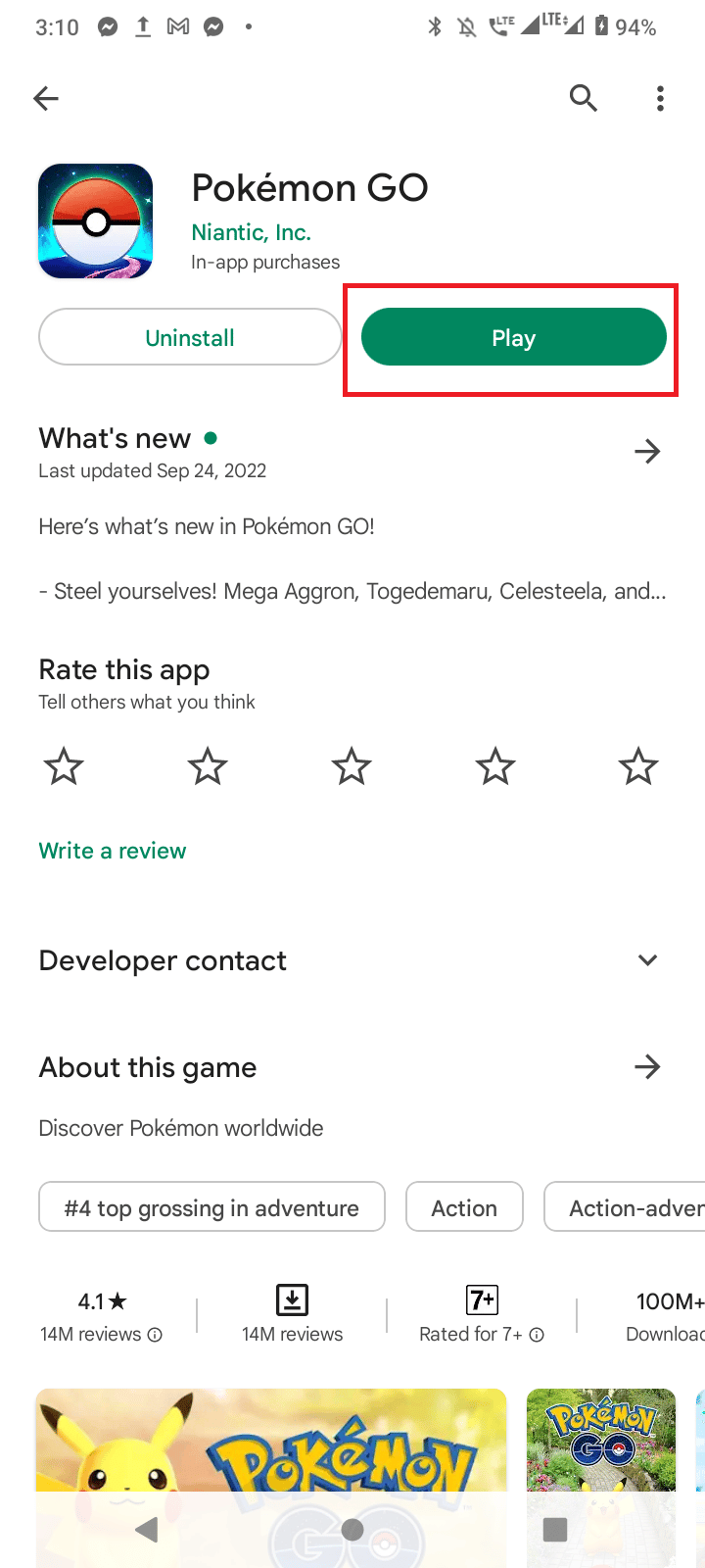 앱이 최신 버전이면 재생 버튼에 업데이트 버튼이 표시됩니다. Pokemon GO 로그인 실패 문제 수정