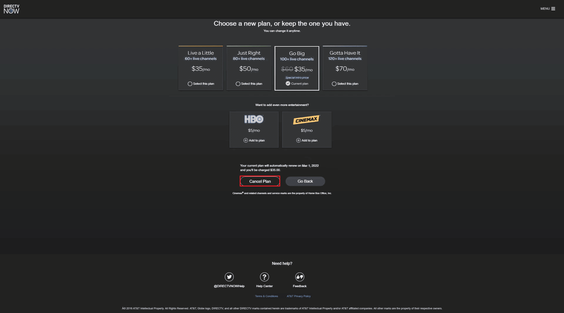 selecione cancelar plano no directv gerenciar meu plano
