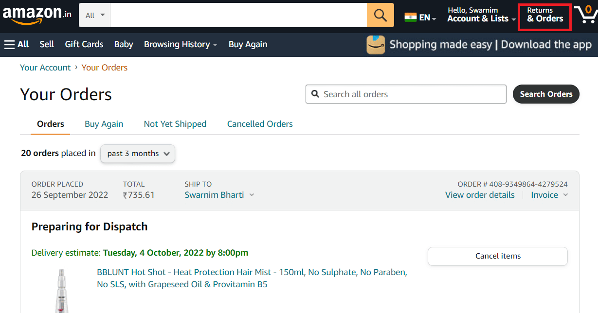 clique em Devoluções e Pedidos. O que fazer quando a Amazon diz que o pedido ainda não foi enviado