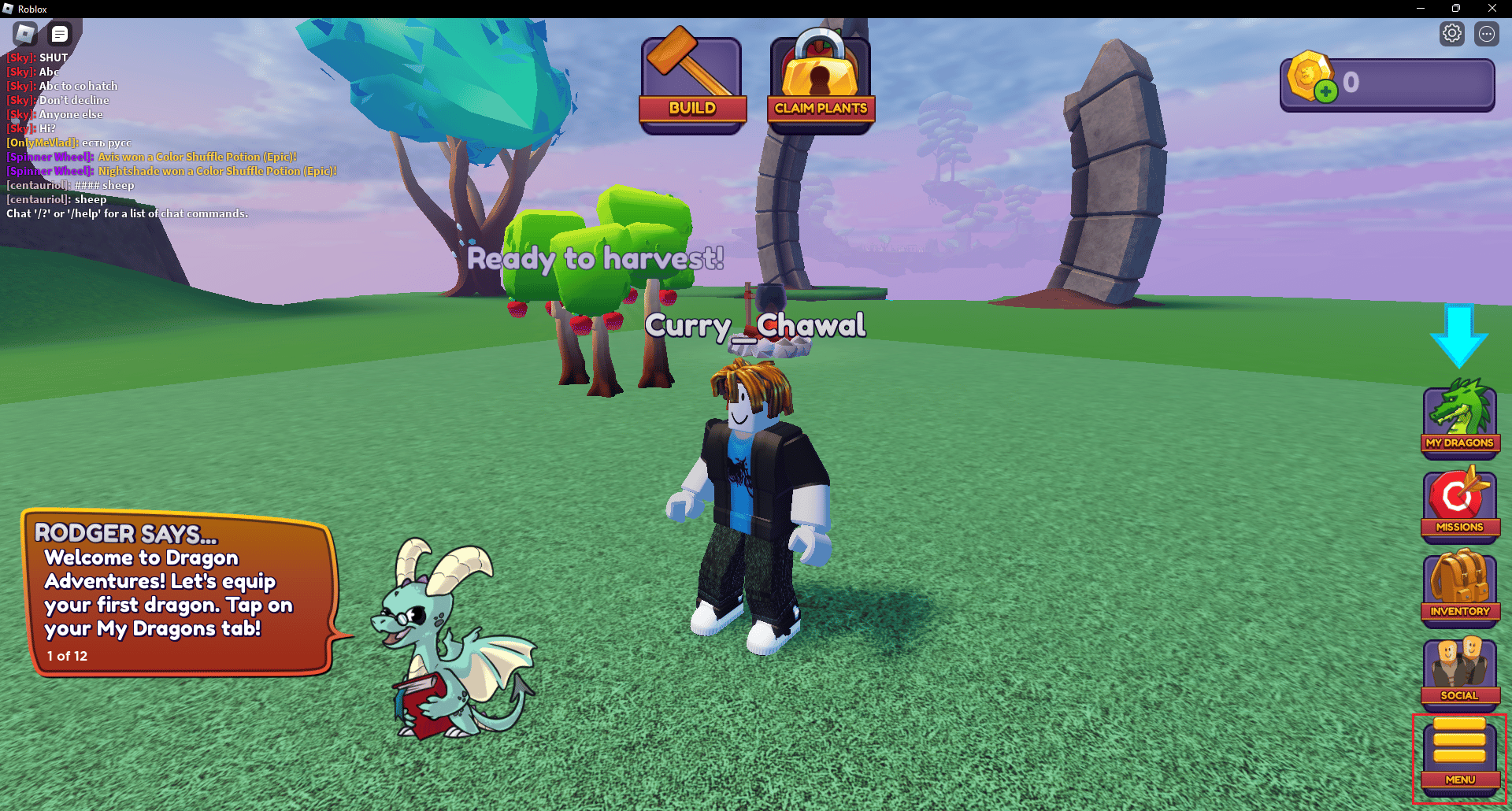 clique no menu no jogo Dragon Adventures Roblox