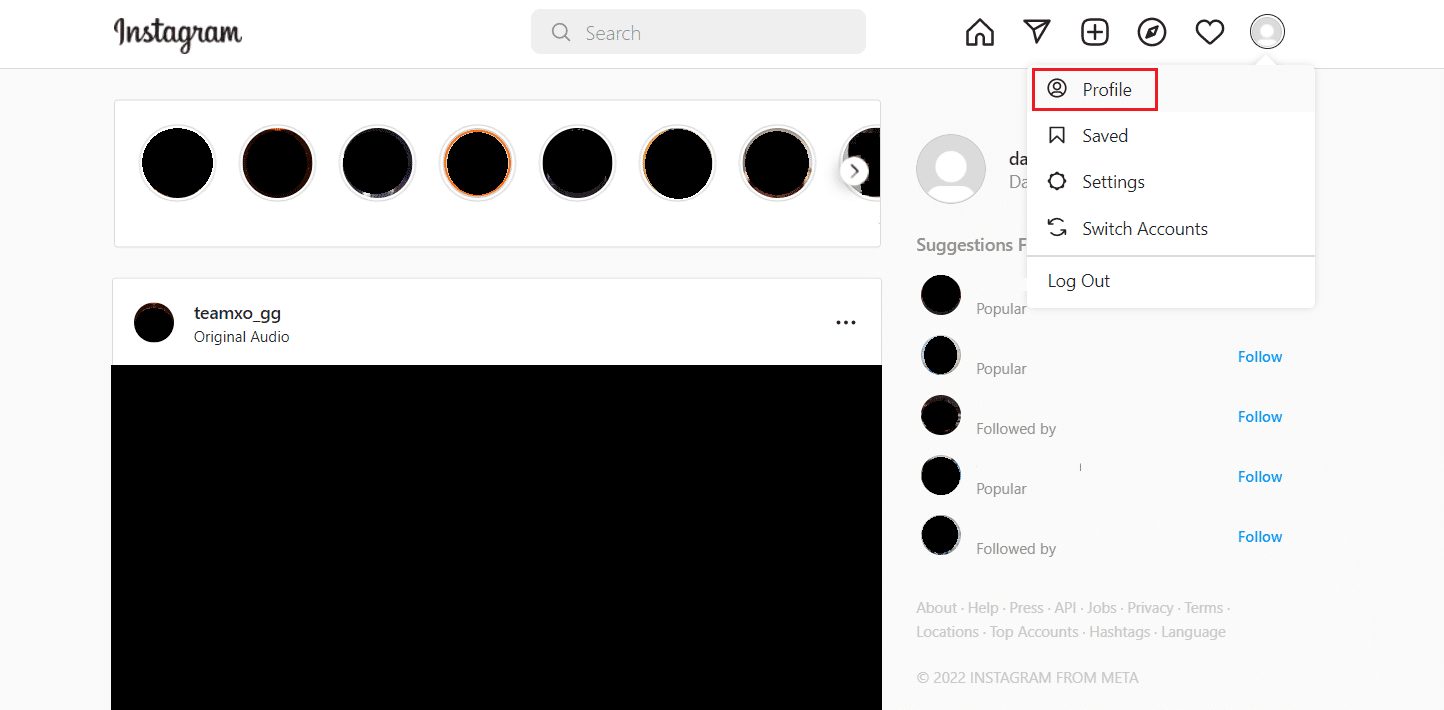 プロファイル アイコンをクリックし、[プロファイル] オプションを選択します。 Instagram の非表示のコメントを見る | Instagramで誰かのいいねやコメントを見る