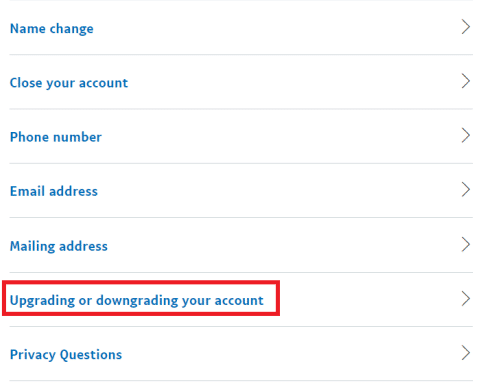 계정 업그레이드 또는 다운그레이드 옵션 | PayPal 비즈니스 계정을 삭제하는 방법
