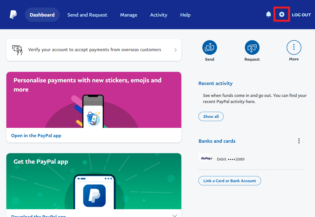 오른쪽 상단에서 설정 톱니바퀴 아이콘 클릭 | PayPal 비즈니스 계정을 삭제하는 방법