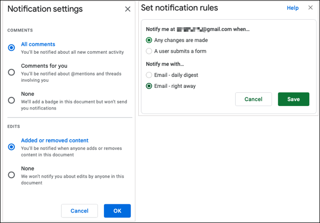 Opciones de notificación en Documentos y Hojas de cálculo de Google