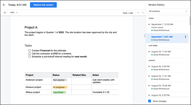 Historial de versiones en Google Docs