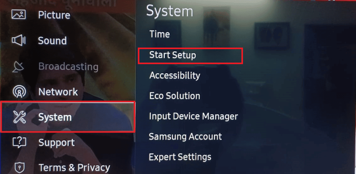 Démarrer la configuration des paramètres système Samsung TV