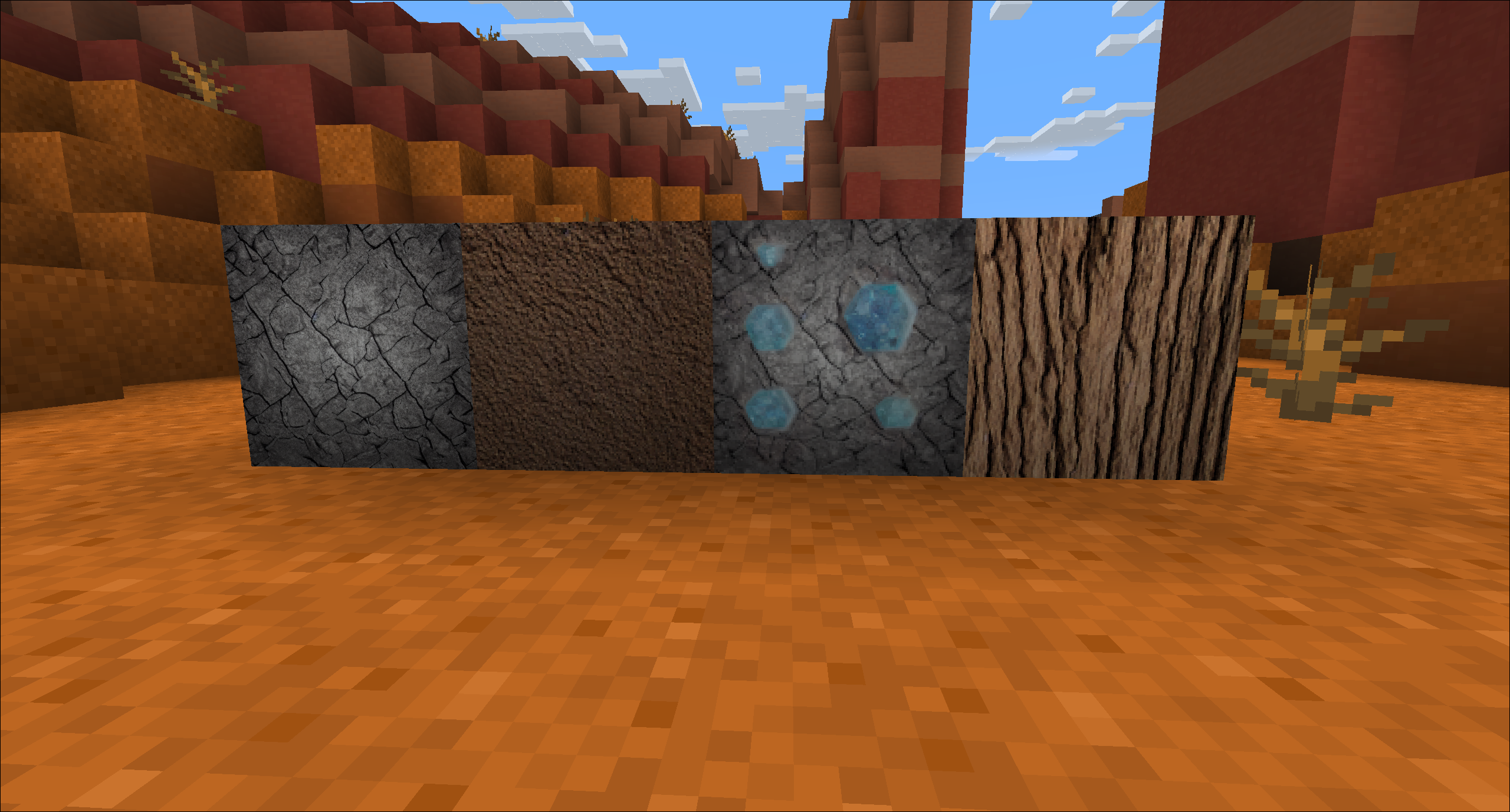 Minecraft'ta görüntülenen dokularımız. Soldan sağa: Taş, Kir, Elmas Cevheri, Meşe.