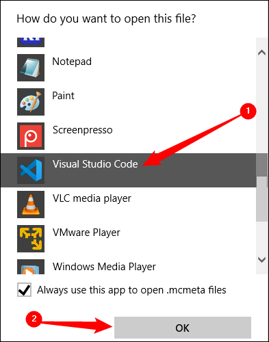 MCMETA dosyasını Visual Studio Code ile açın.