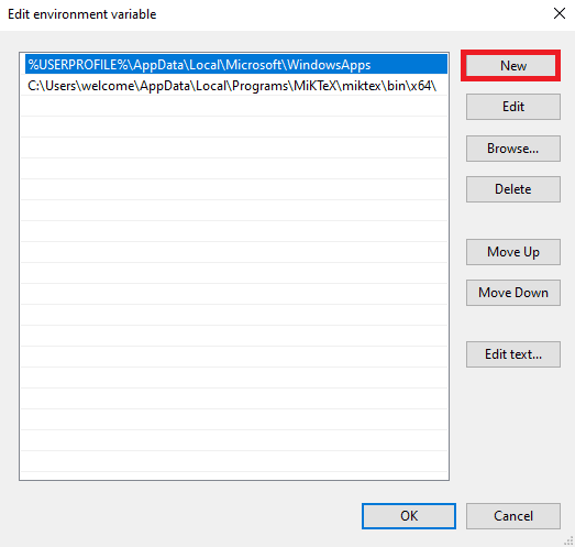คลิกที่ใหม่และป้อนตำแหน่งของตำแหน่งการติดตั้ง Java JRE 8