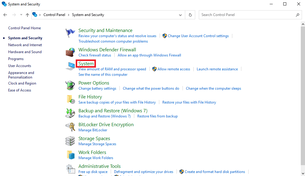 คลิกที่การตั้งค่าระบบ แก้ไขรหัสออก 0 Minecraft บน Windows 10