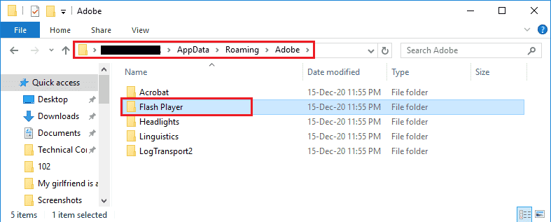 انتقل إلى مجلد Flash Player باتباع مسار الموقع واضغط على مفتاح Delete. إصلاح تنسيق موارد Twitch غير مدعوم في نظام التشغيل Windows 10
