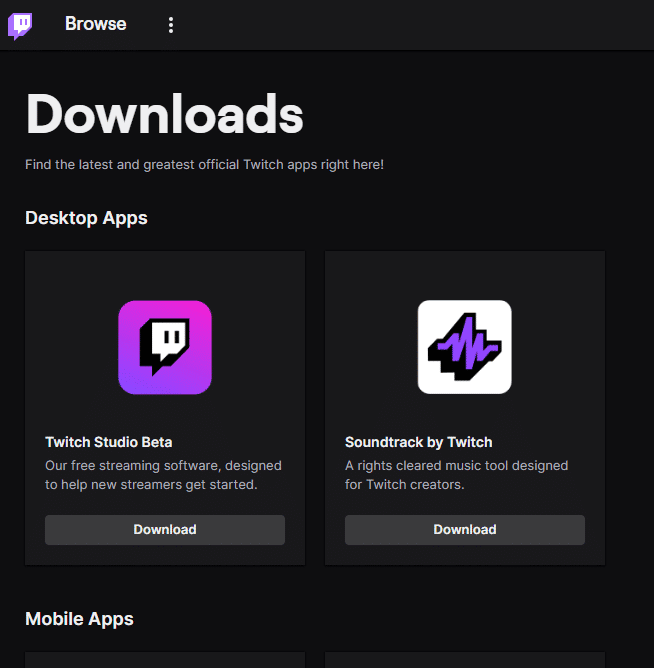صفحة تنزيل Twitch