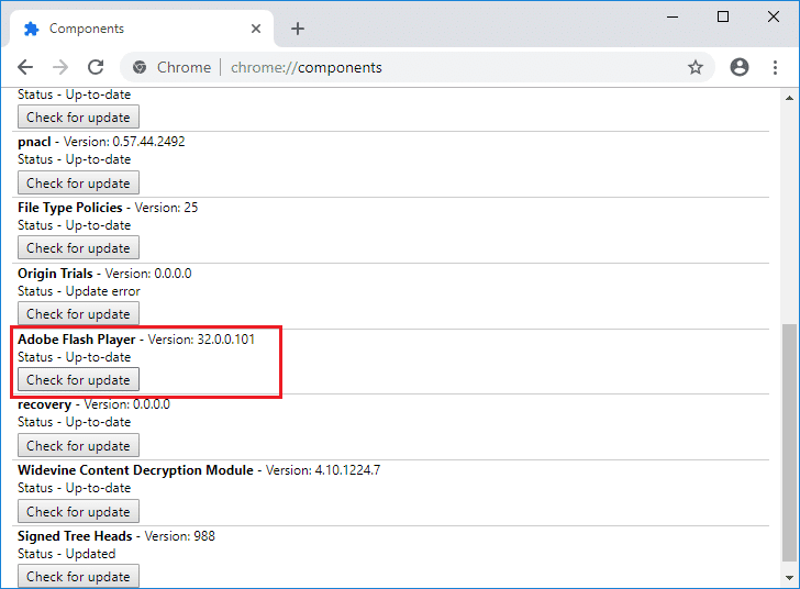 انتقل إلى صفحة مكونات Chrome ثم مرر لأسفل إلى Adobe Flash Player