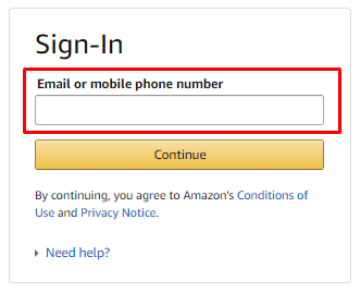 Inserisci il tuo indirizzo e-mail o numero di cellulare registrato su Amazon e fai clic su Continua.