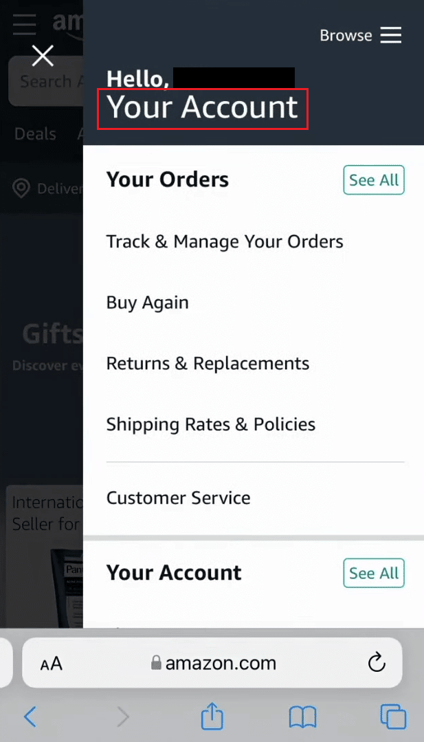 tocca Il tuo account dalla parte superiore del menu | Come ottenere giochi e libreria di software su Amazon | ricevi il tuo codice digitale Amazon dopo l'acquisto