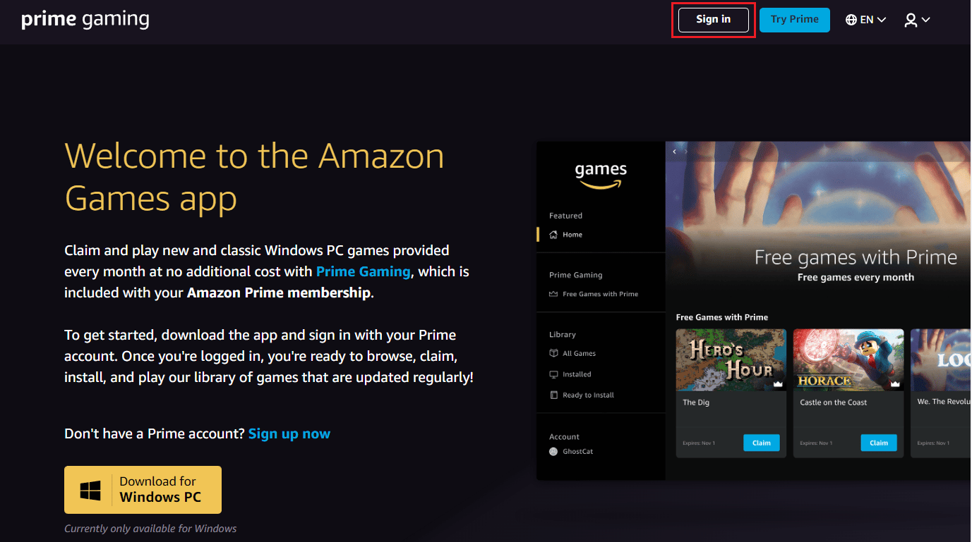 clicca su Accedi dall'angolo in alto a destra | Come ottenere giochi e libreria di software su Amazon | ricevi il tuo codice digitale Amazon dopo l'acquisto