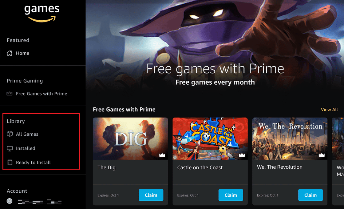 fare clic su una delle seguenti opzioni dalla sezione Libreria nel riquadro di sinistra | sono Amazon Prime e Prime Gaming la stessa cosa