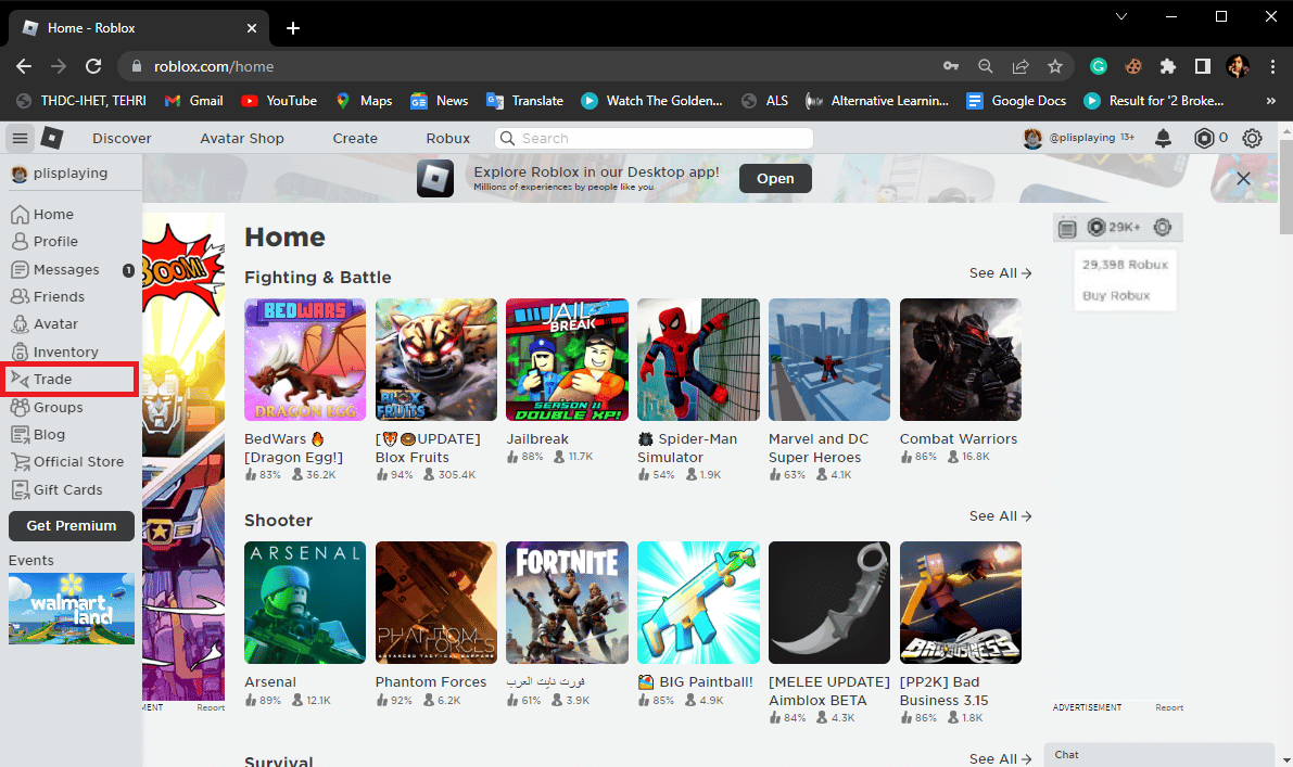 localize e clique em Trade. Como dar Robux para amigos
