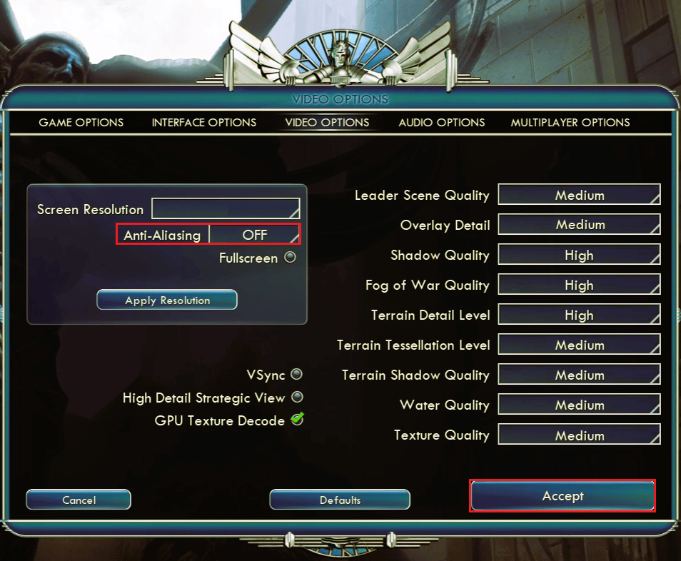 defina o anti-aliasing para OFF nas OPÇÕES DE VÍDEO do jogo Civilization 5