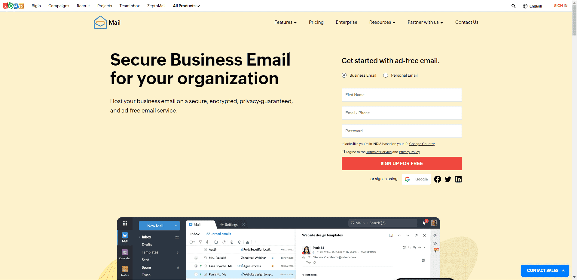 موقع Zoho mail الرسمي. أفضل بدائل مجانية لـ Gmail