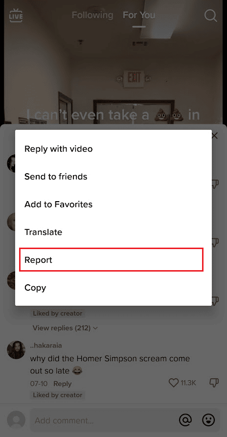 Denuncie os comentários de outras pessoas se você os achar ofensivos ou violar as Diretrizes da comunidade do TikTok | Como excluir seus comentários no TikTok
