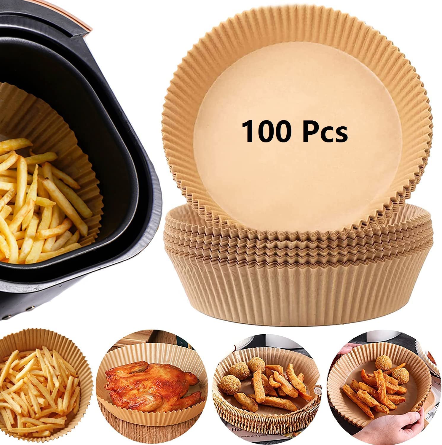 100Pcs Air Fryer กระดาษซับใช้แล้วทิ้ง (6.3 นิ้ว)