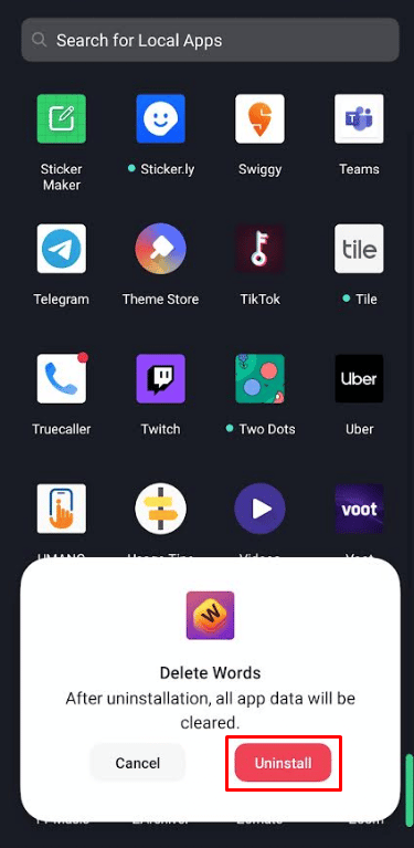toque em Desinstalar novamente. | desinstalar palavras com amigos