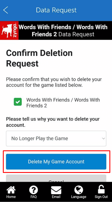Selecione Excluir minha conta de jogo.